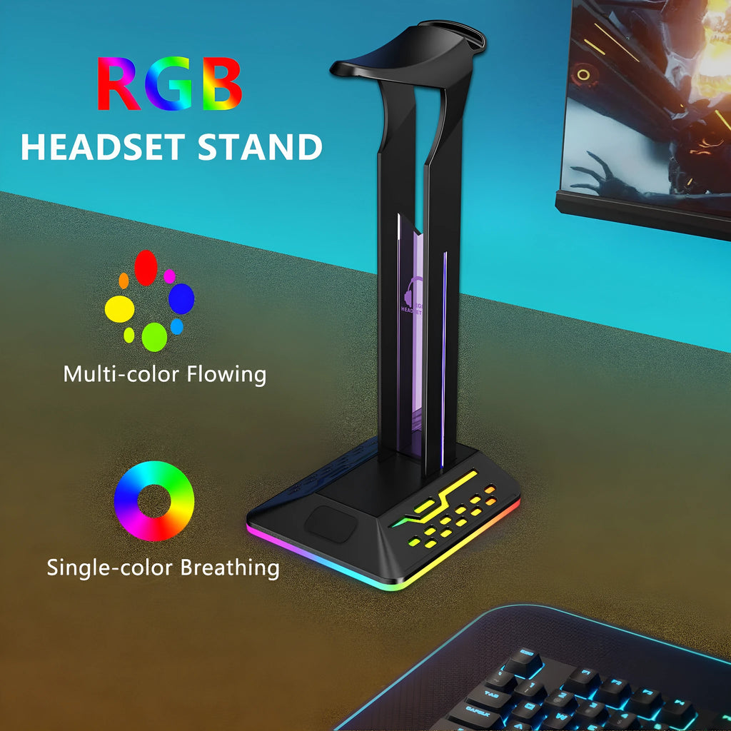 RGB headphone display stand with colour changing lights and dual USB ports in acrylic construction