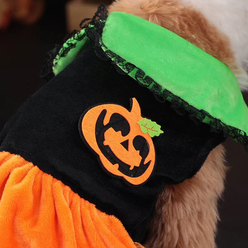 Halloween pumpkin skirt pet costume for small dogs in crystal velvet fabric with size options