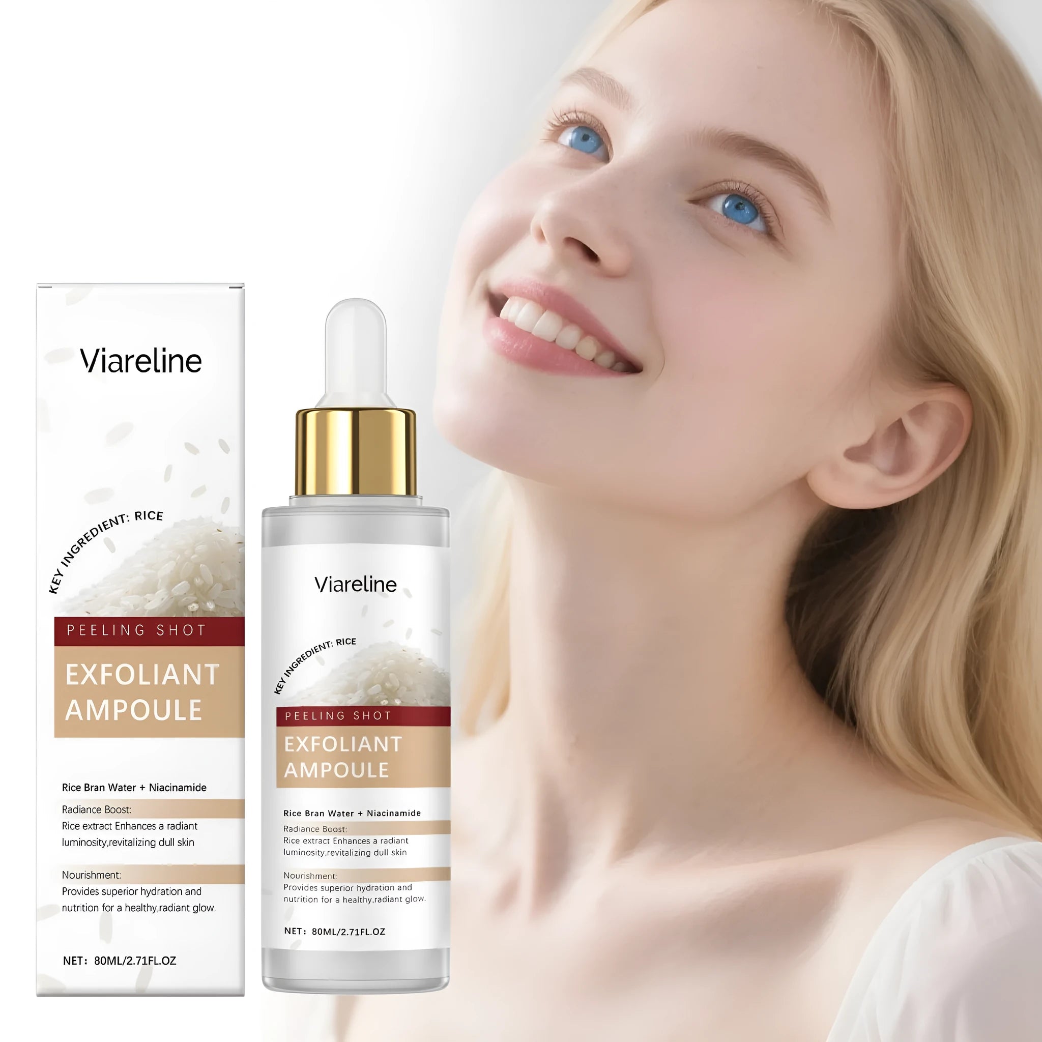 80ml bottle of cleansing and nourishing facial moisturising liquid with exfoliating liquid.
