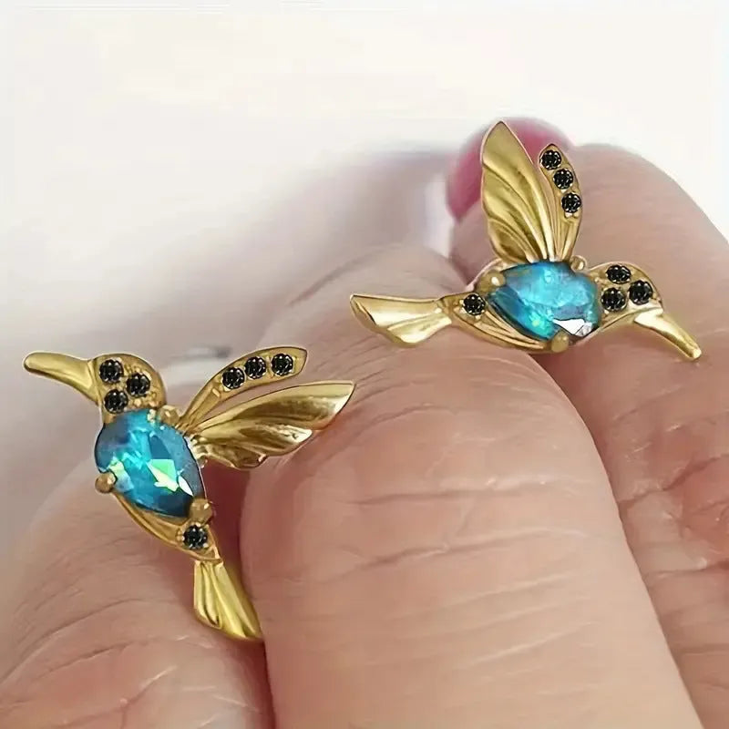 Bird hanging personalised long style earrings with zirconium wing details in blue, red, or red lvzuan colours
