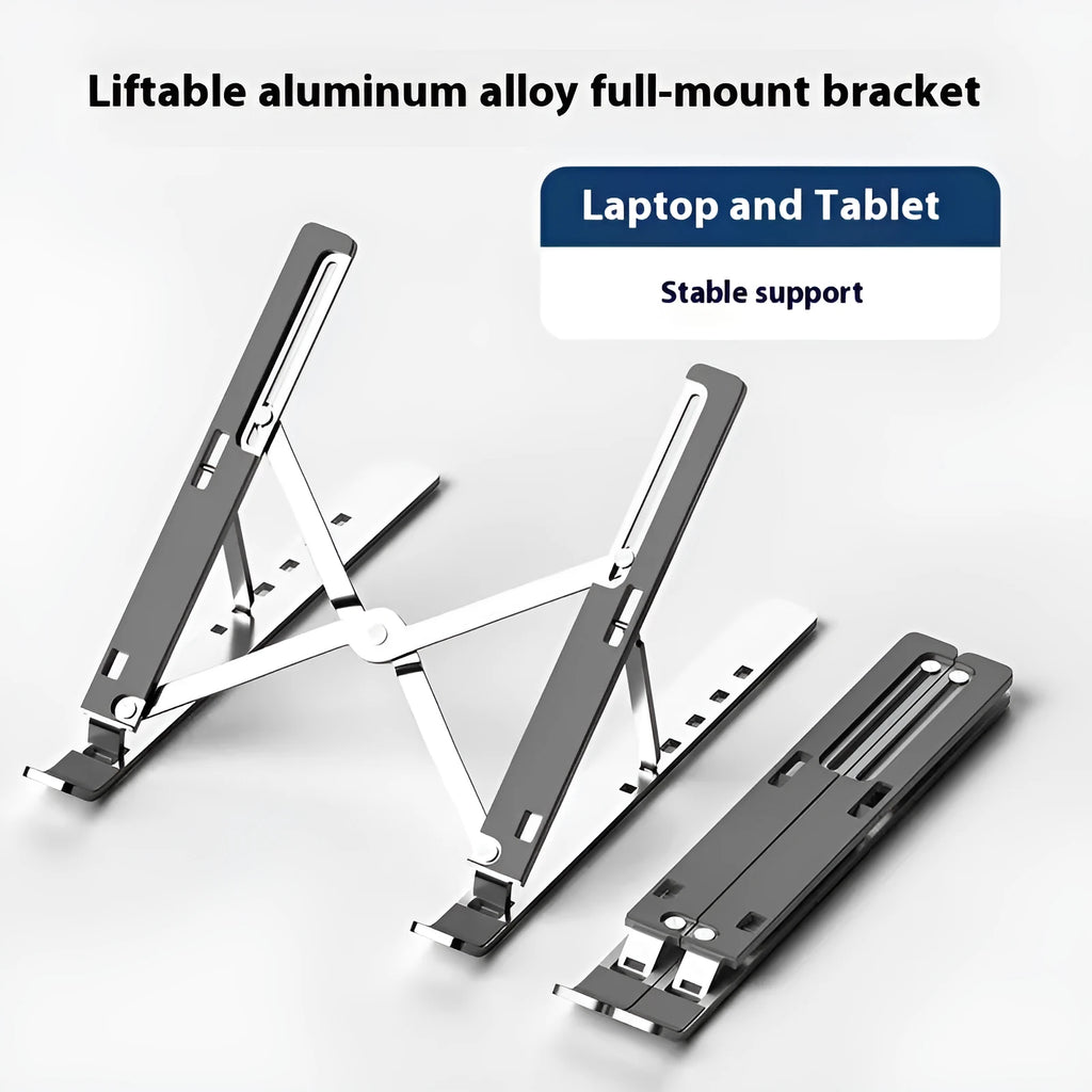 Silver aluminium laptop stand folded next to an open laptop, showing its portable size.