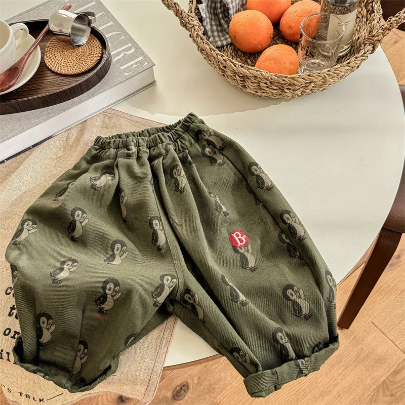 Children's cotton harem pants with cartoon animal print, mid waist and hair band belt, in yellow or army green