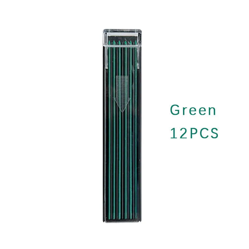 Plastic box containing 12 refill leads for a 0.5mm mechanical pencil in various colours.