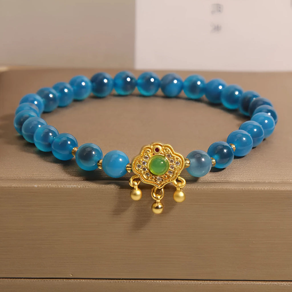 Blue sugar heart agate safety lock pendant bracelet for women with crystal construction and rhinestone detailing
