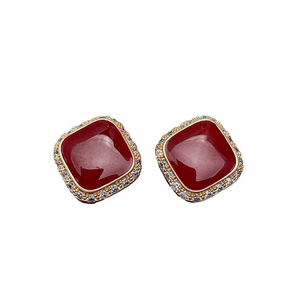 Red square geometric alloy earrings with inlaid design, retro style women's jewellery