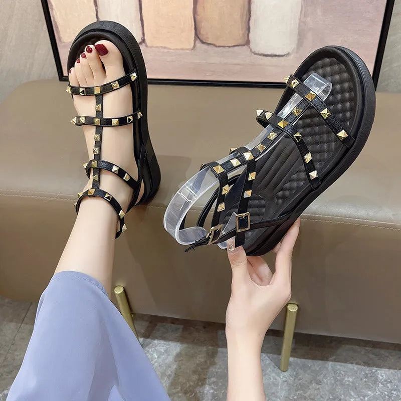 Beige Fairy Style Roman sandals for women with round toe, rivet platform, and ankle buckle closure.