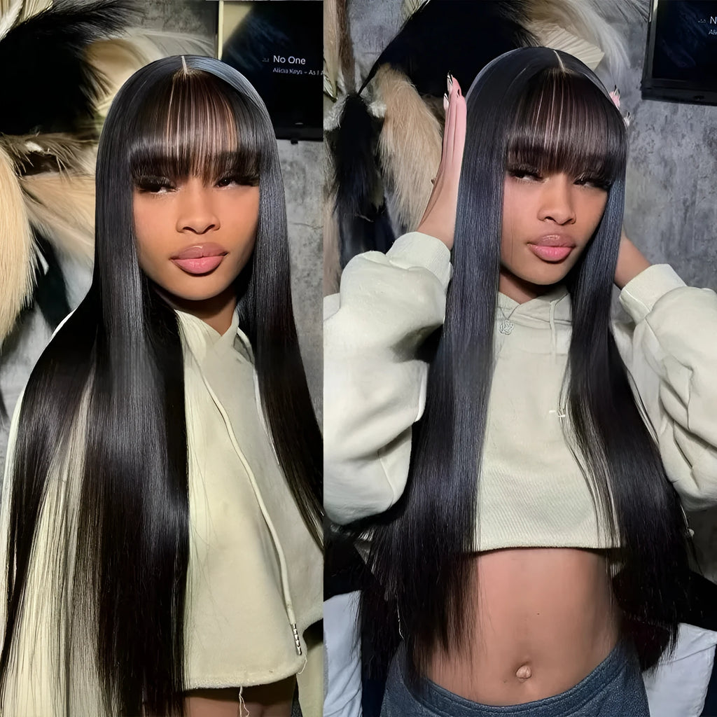 A woman wearing a long, natural-coloured human hair wig with a full-mechanism headgear base.