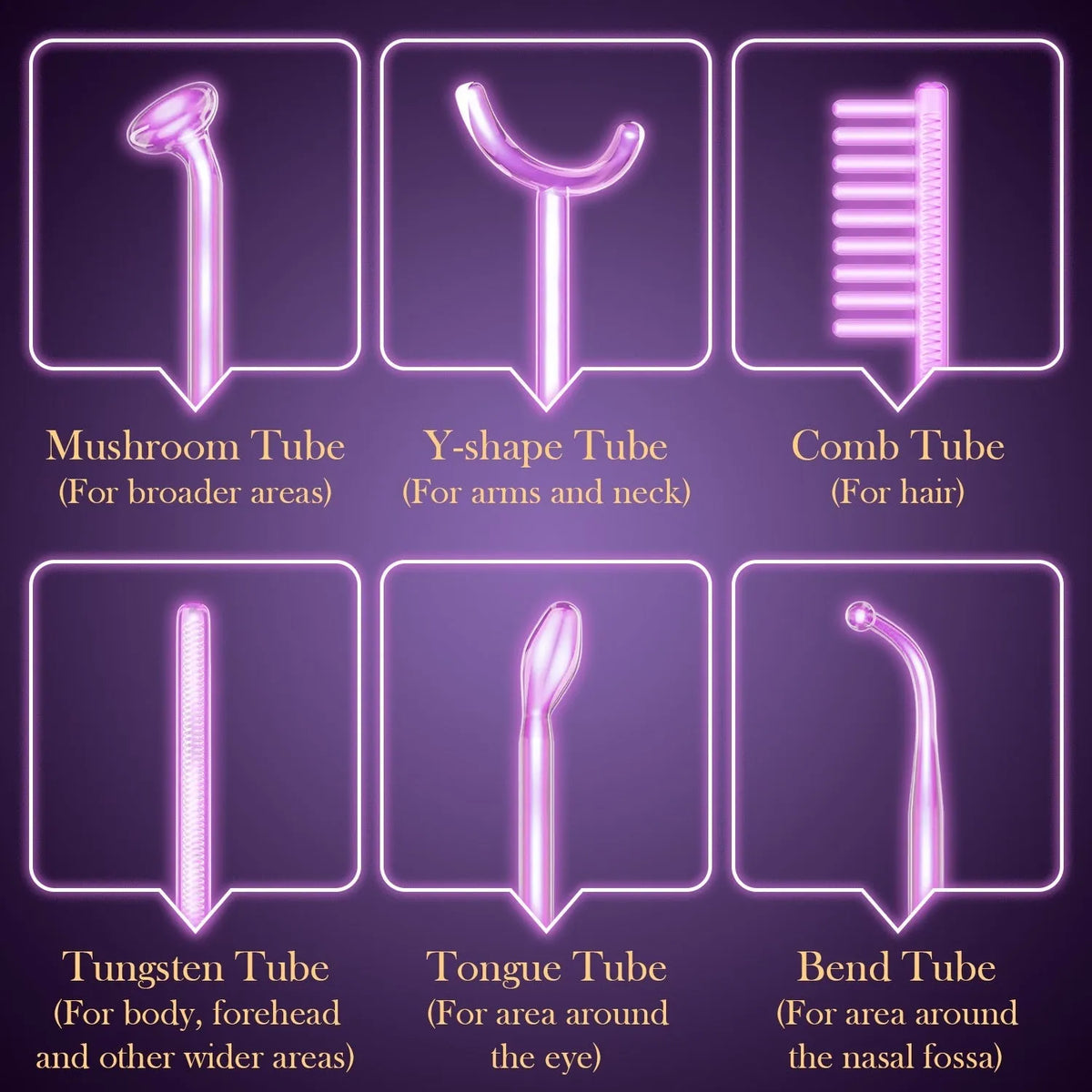 Purple eutic electrotherapy rod with six accessory heads for high-frequency beauty treatments