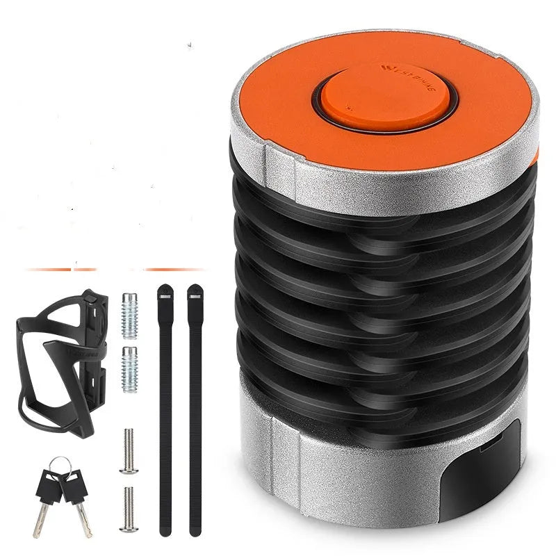 Black folding bicycle lock in compact storage position showing zinc alloy and steel construction