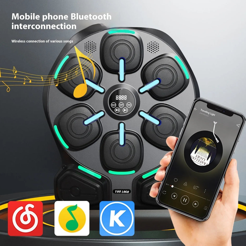 Black wall-mounted smart music boxing machine with eight targets, double lights, PU material, and adult half-finger gloves