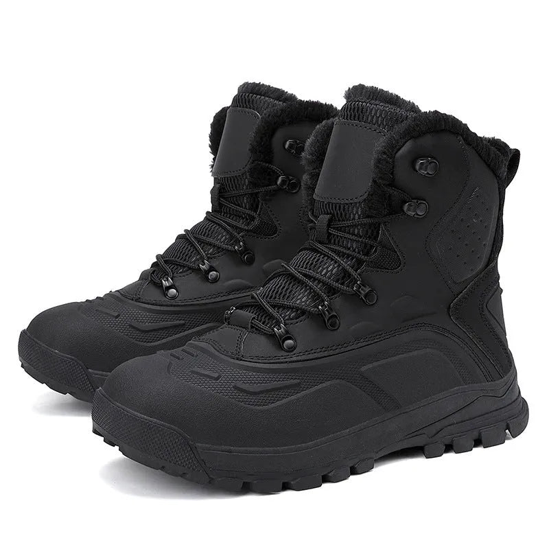 Men's black high-top lace-up boots with fleece lining, shown in plus sizes.