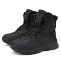 Men's black high-top lace-up boots with fleece lining, shown in plus sizes.