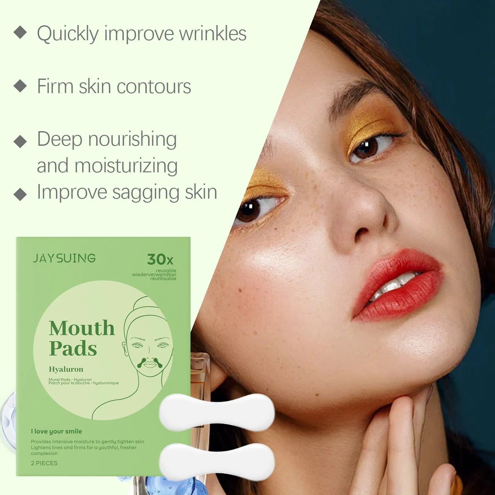 Two facial skin firming patches in hydrogel form with hyaluronic acid and collagen ingredients