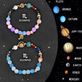 Two natural stone beaded bracelets showing zodiac symbols, presented as a set.