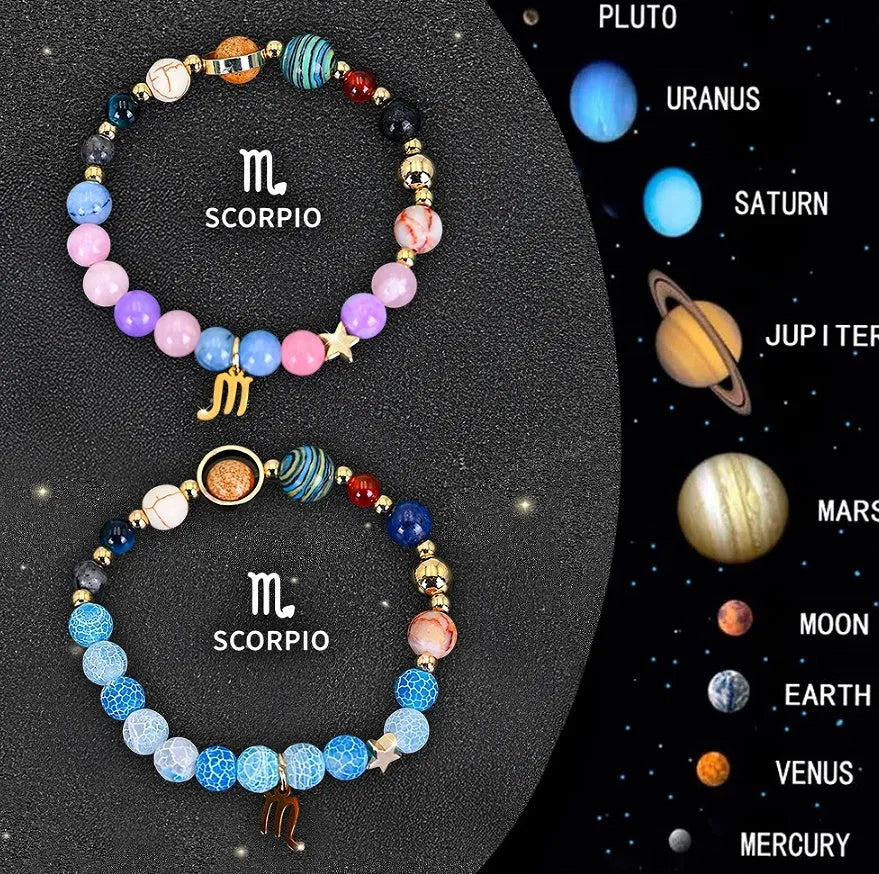 Two natural stone beaded bracelets showing zodiac symbols, presented as a set.