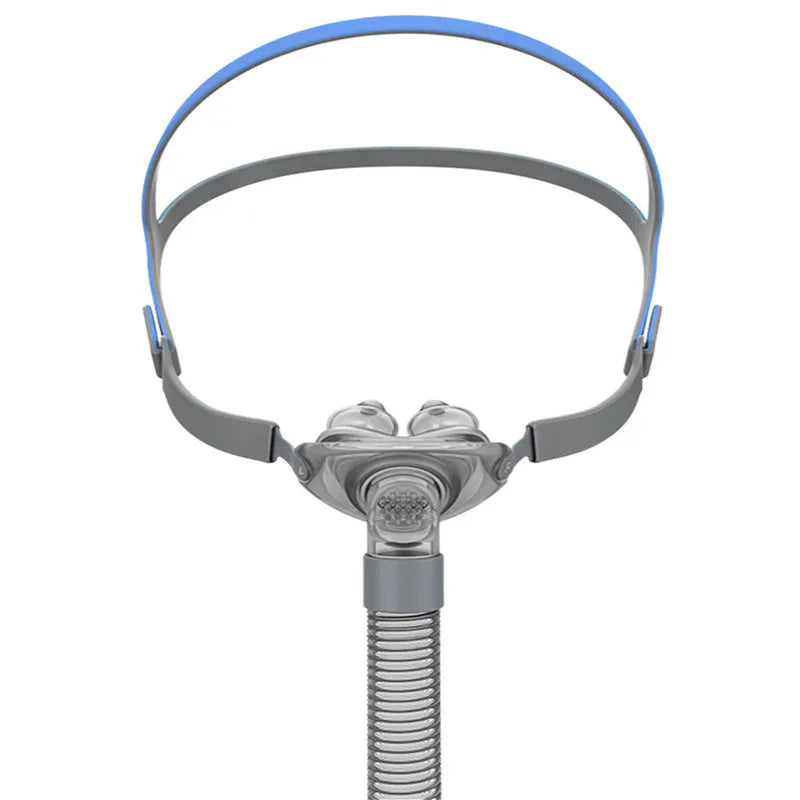 Ventilator nasal pillow mask set with plastic nasal plug, silicone cushion, and headband components