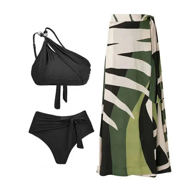 Women's brown push up bikini with high waist briefs and a matching sheer chiffon dress overlay.