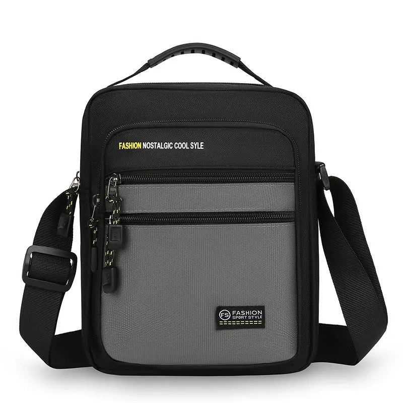 Men's nylon crossbody bag in solid colour with crossbody strap and storage compartments.