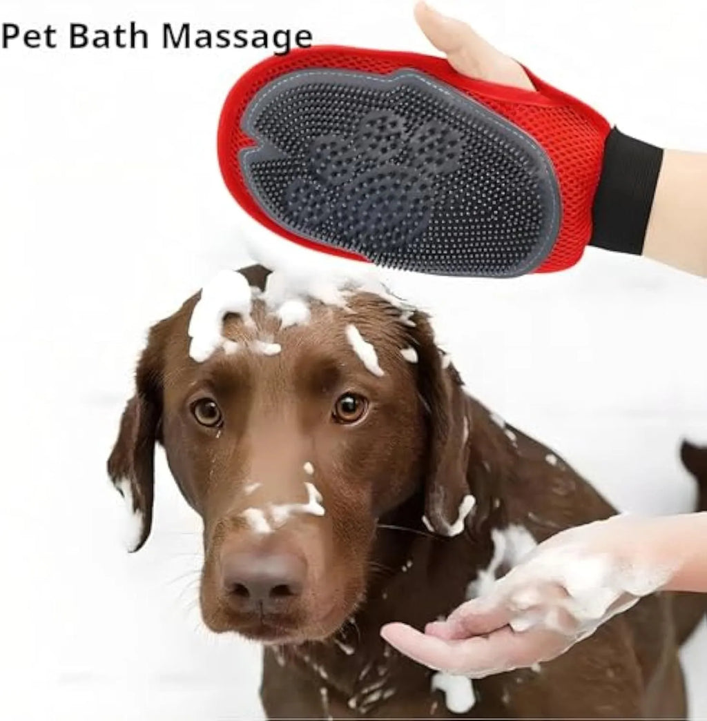 Red pet bathing glove with integrated cleaning brush for dog and cat grooming