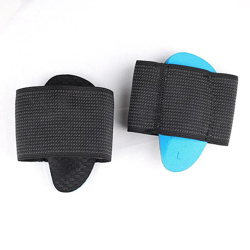 Blue elastic bandage arch support foot pads for flat feet, shown in adult and children sizes.