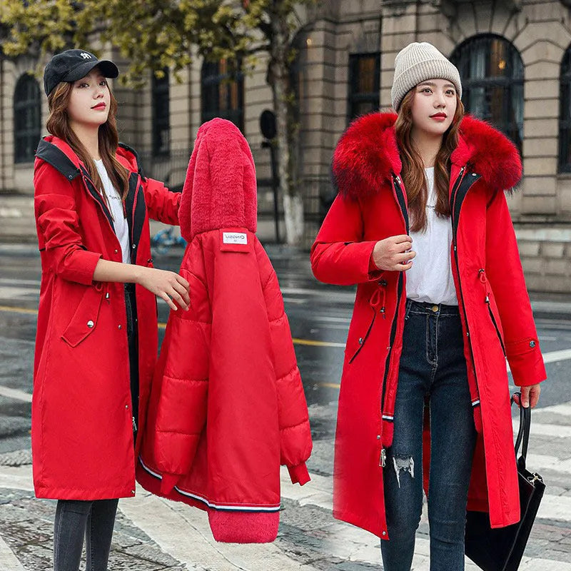 Women's long white fleece trench coat with down cotton filler, shown at 100cm length.