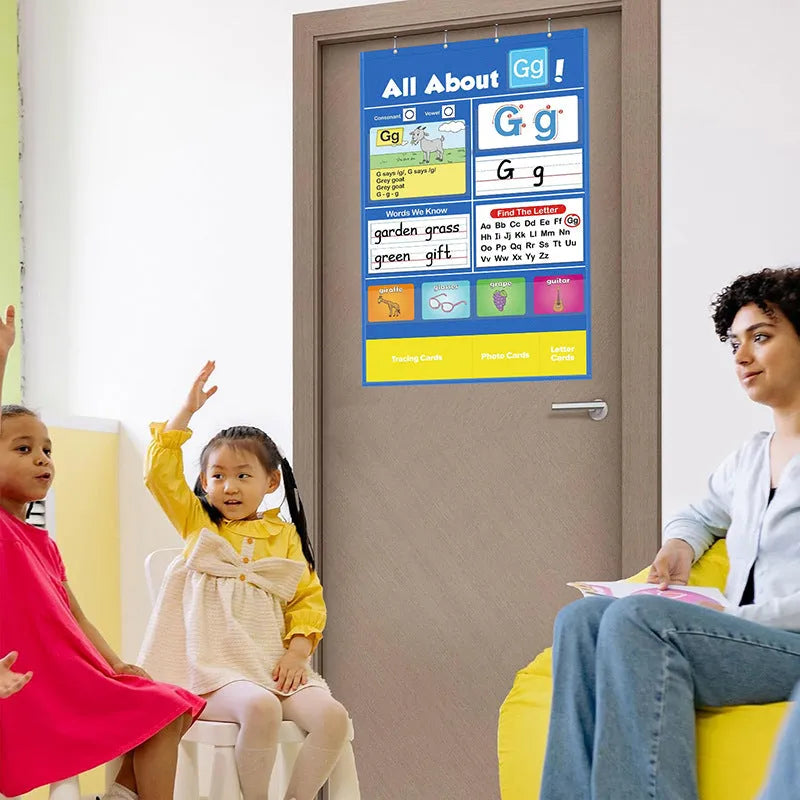Alphabet learning chart sleeve table with word cards, letter cards, and picture cards for home education.