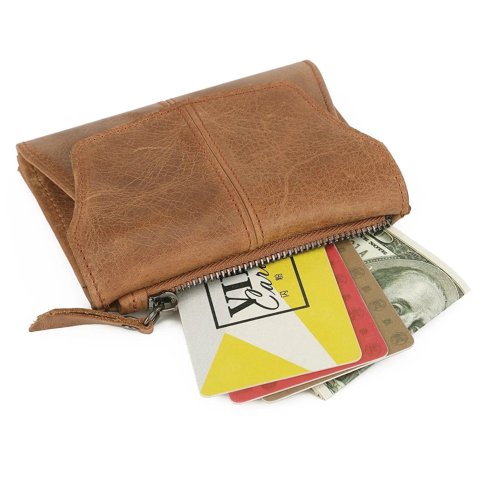 Genuine cowhide leather coin purse in retro style with stitching detail, shown in multiple colour options.