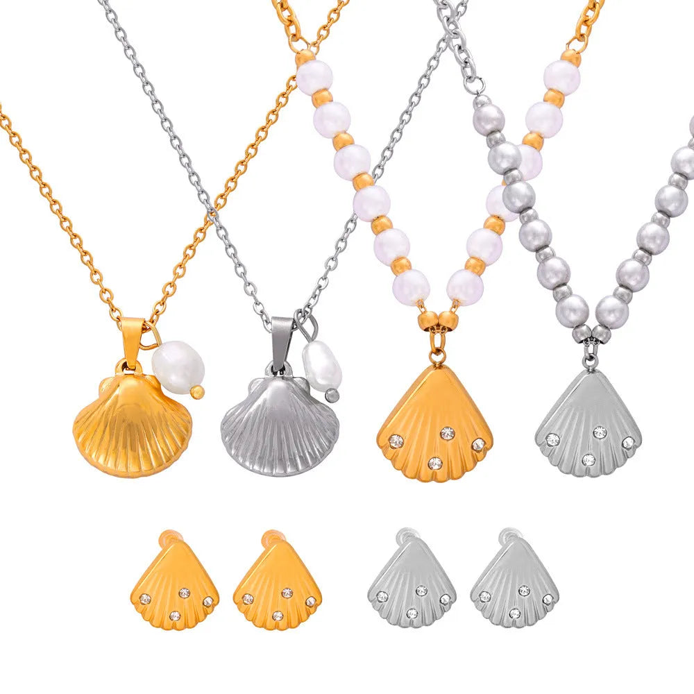 Vintage French shell design pendant necklace with freshwater pearl beads on titanium steel O-chain