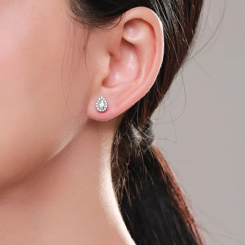 Silver water drop ear studs with diamond treatment on 925 sterling silver