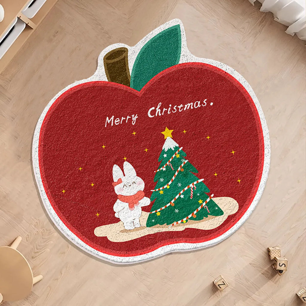 Round red and green Christmas floor mat with gingerbread man and stocking design on imitation cashmere material