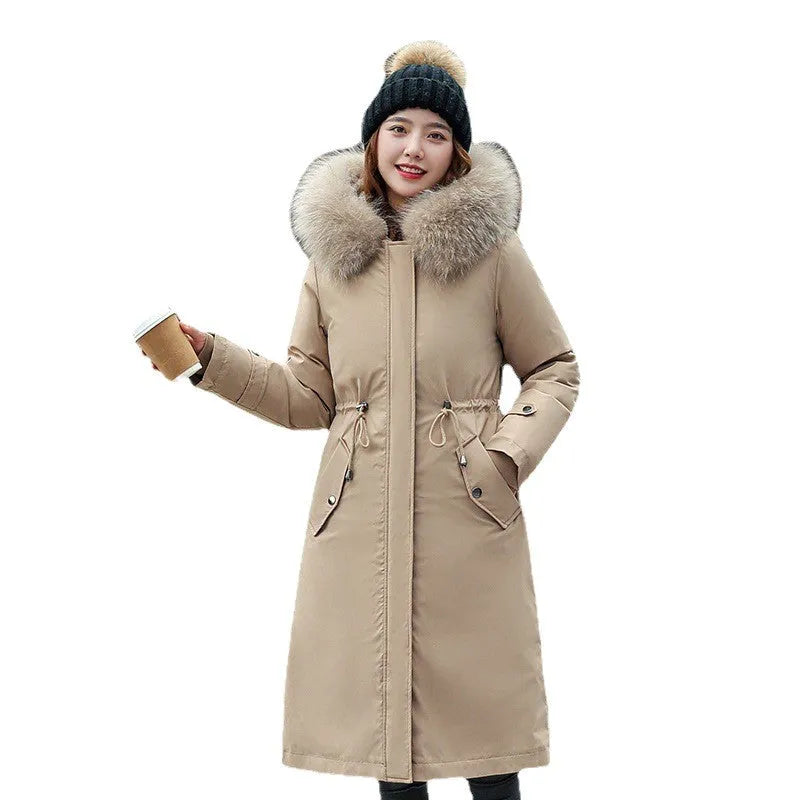 Women's long white fleece trench coat with down cotton filler, shown at 100cm length.