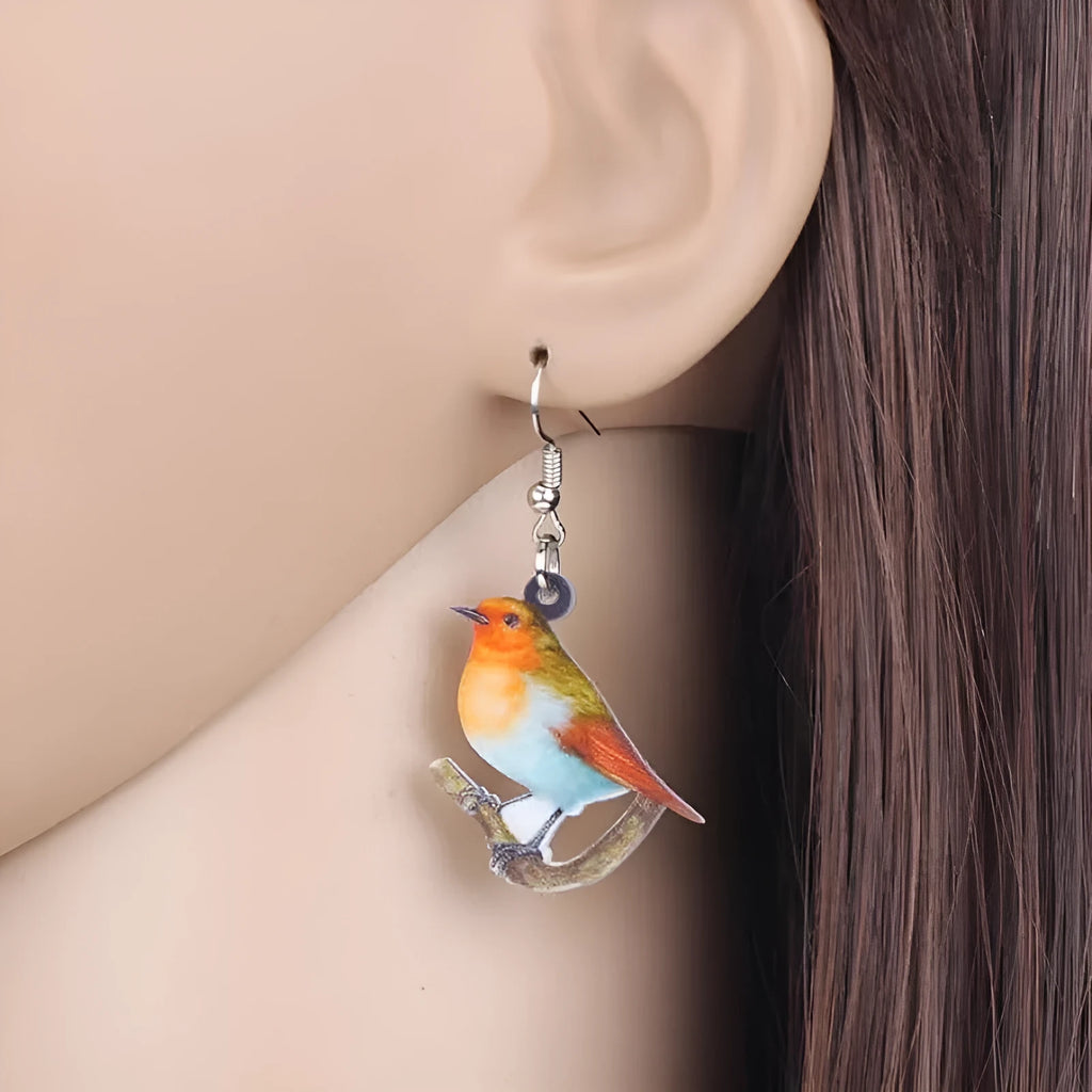 Blue titmouse bird acrylic pendant earrings with geometric animal zodiac design