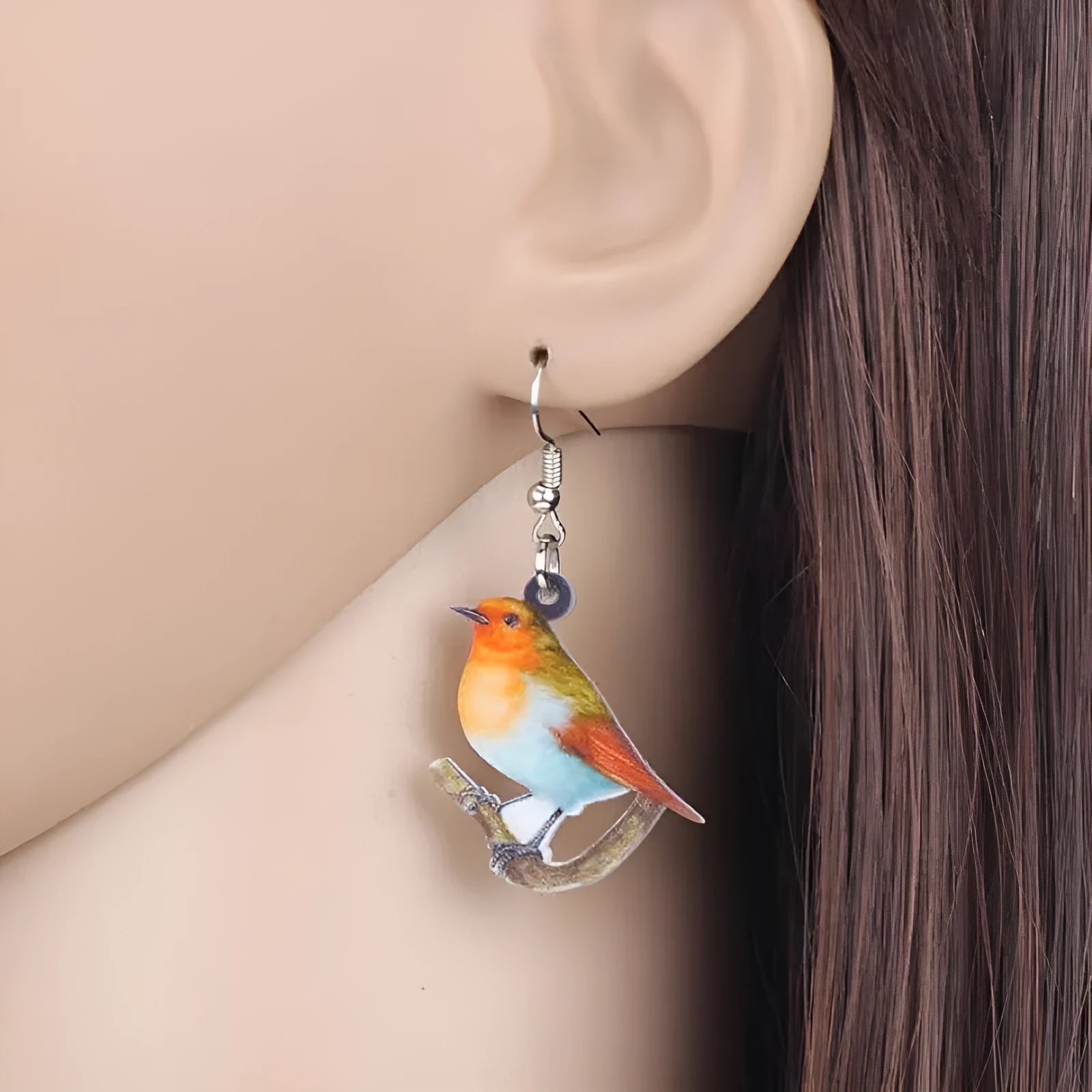 Blue titmouse bird acrylic pendant earrings with geometric animal zodiac design