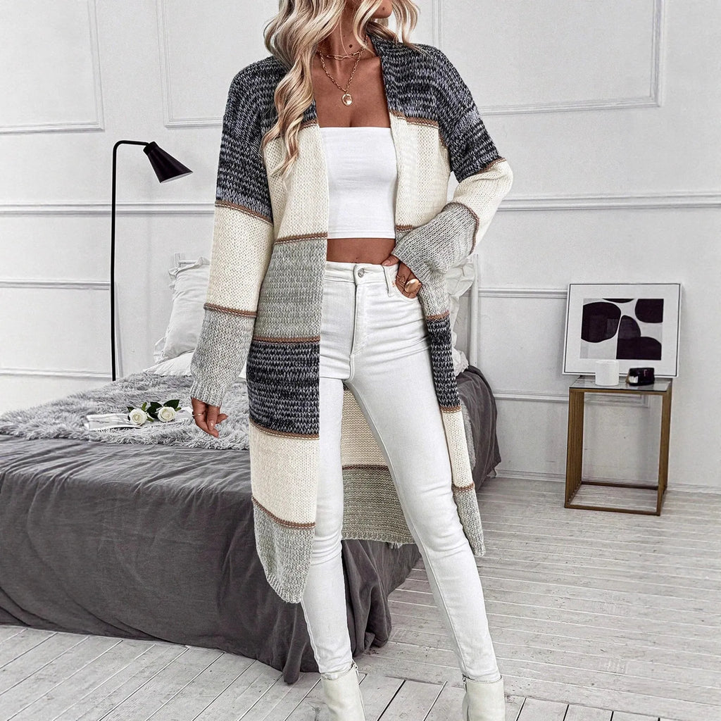 Women's gray knitted long cardigan with striped pattern and loose fit street fashion style