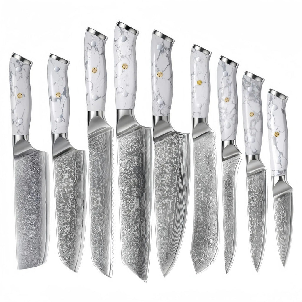 Damascus pattern chef knife with VG10 steel blade, 21cm cutting edge, modern handle design