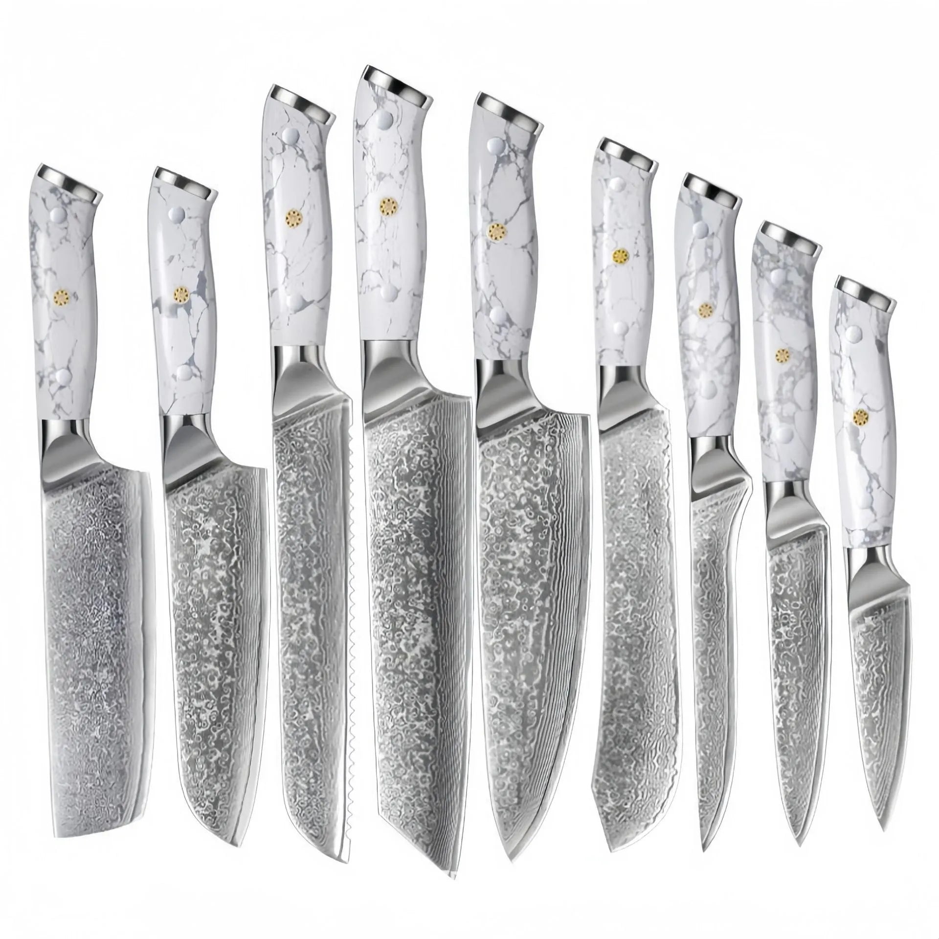 Damascus pattern chef knife with VG10 steel blade, 21cm cutting edge, modern handle design