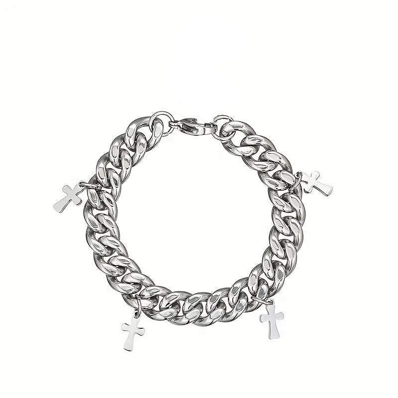 Men's titanium steel bracelet with geometric cross design in dark colour