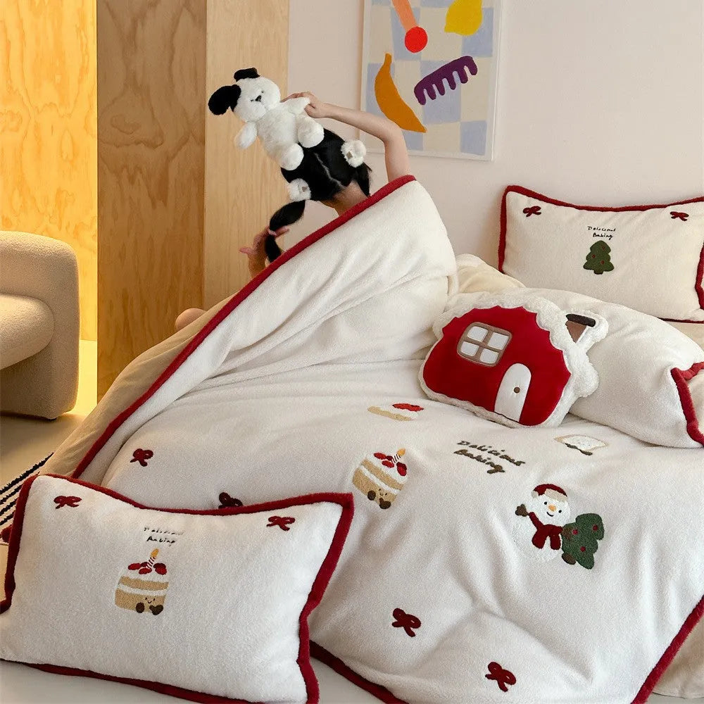 Winter Christmas cartoon bedding four-piece set with Xuefu Milk Pastry pattern in polyester