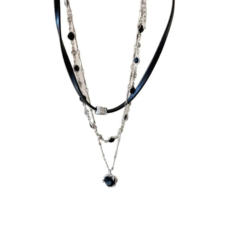 Women's multi-layer twin necklace set with leather heart pendants and adjustable clavicle chain