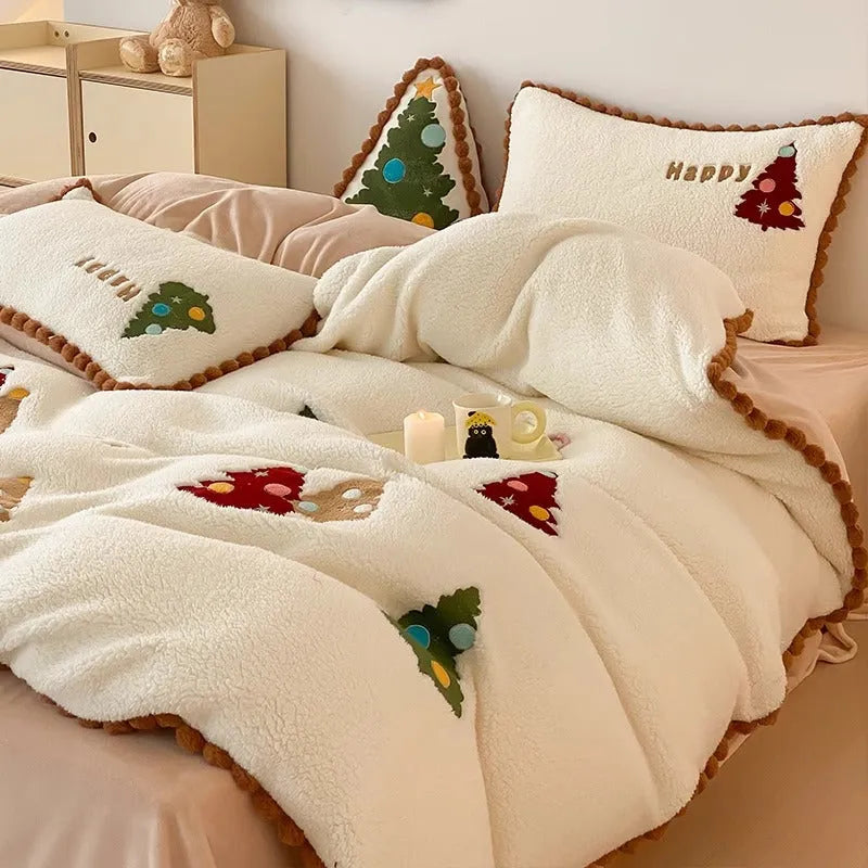 Bright yellow fleece-lined bedding set with cartoon Winter Christmas tree pattern