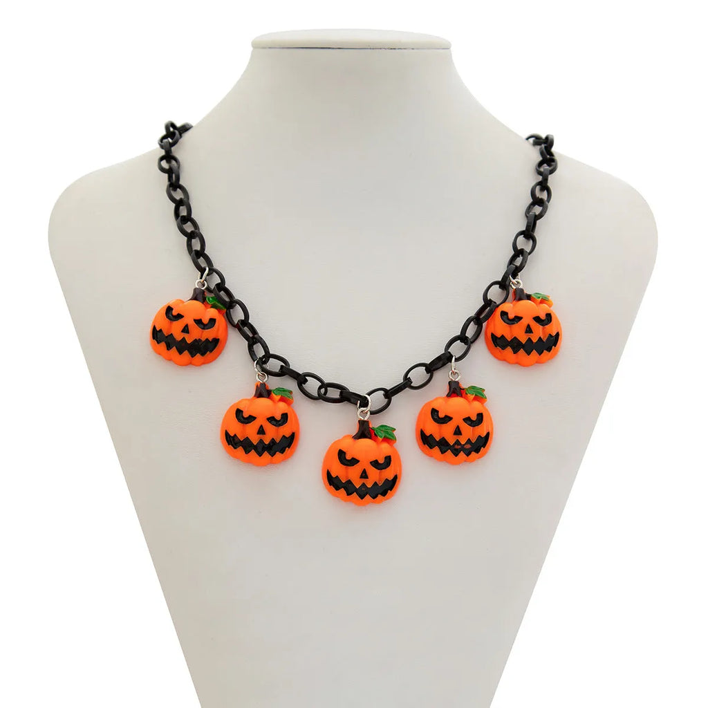 Mixed colour Halloween ghost pumpkin cartoon pendant necklace on a regular chain.