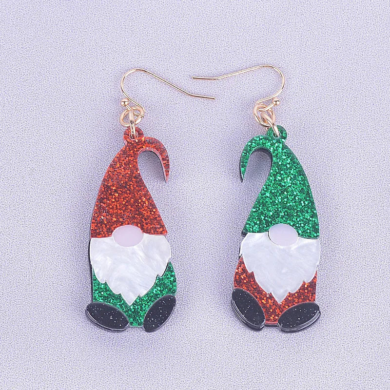 Acrylic Santa Claus cartoon character fashion earrings showing red, green, and red-green hat style options.