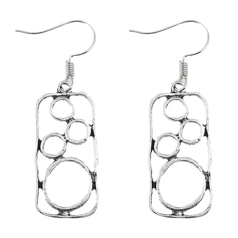 Geometric square earrings with round ring detailing in antique silver colour