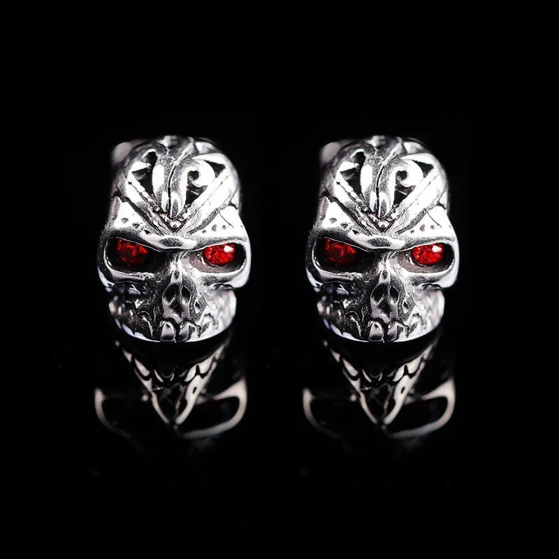 Retro skull stud earrings with red eye detailing and alloy ghost head design