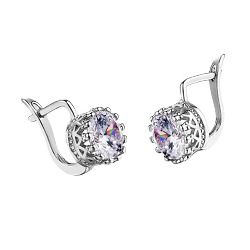 Korean retro crown-shaped clip-on earrings with white diamond accents in rose gold and white gold colours.