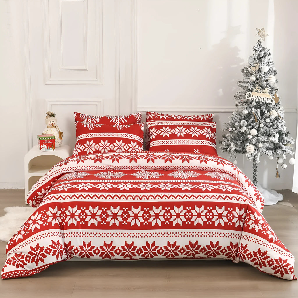 Red Winter Sleepers pattern bed three-piece set with quilt cover and pillowcases