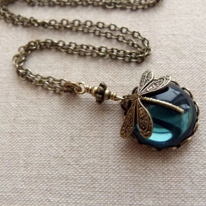 Vintage bronze dragonfly pendant necklace with hand carved details on 925 silver chain