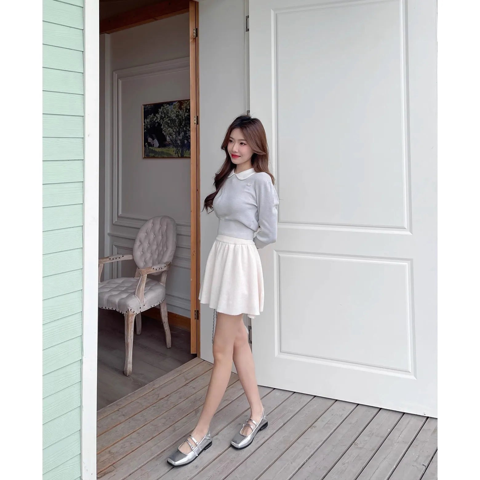 Silver genuine leather women's Mary Jane flats with cross buckle strap and low flat heel.