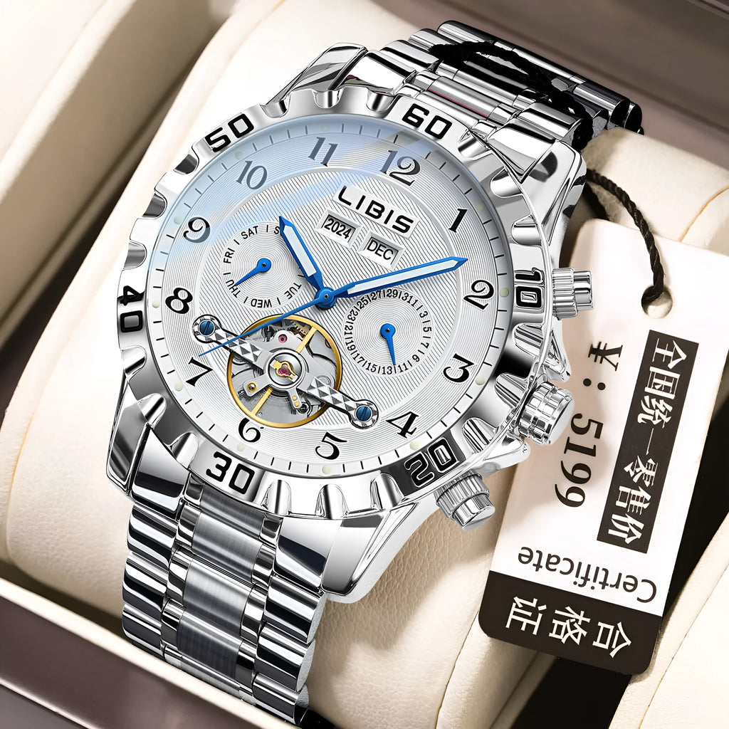 Men's automatic perpetual calendar mechanical watch with stainless steel silver belt and sapphire crystal