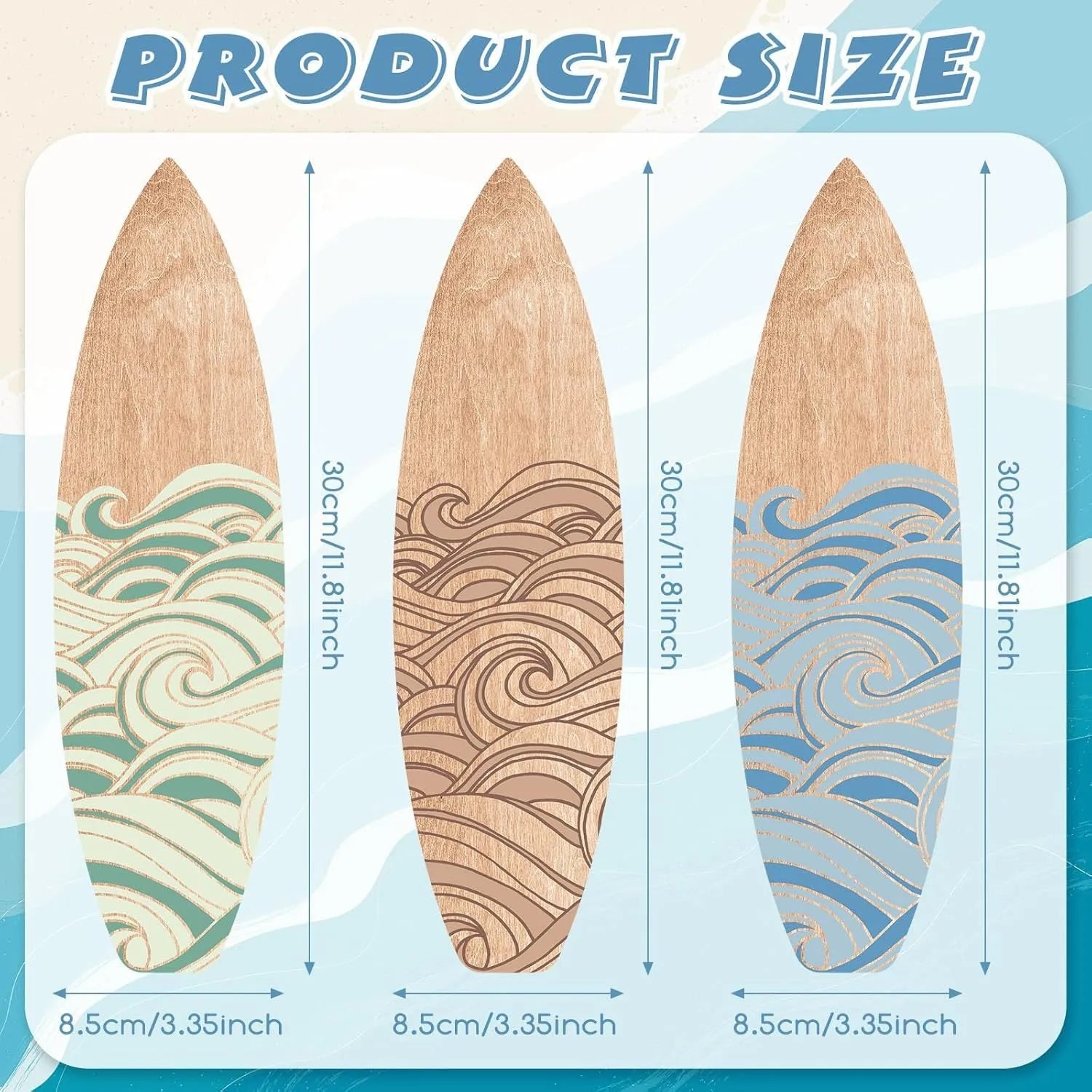 Three identical wooden surfboard wall decorations made from boxwood for beach themed rooms